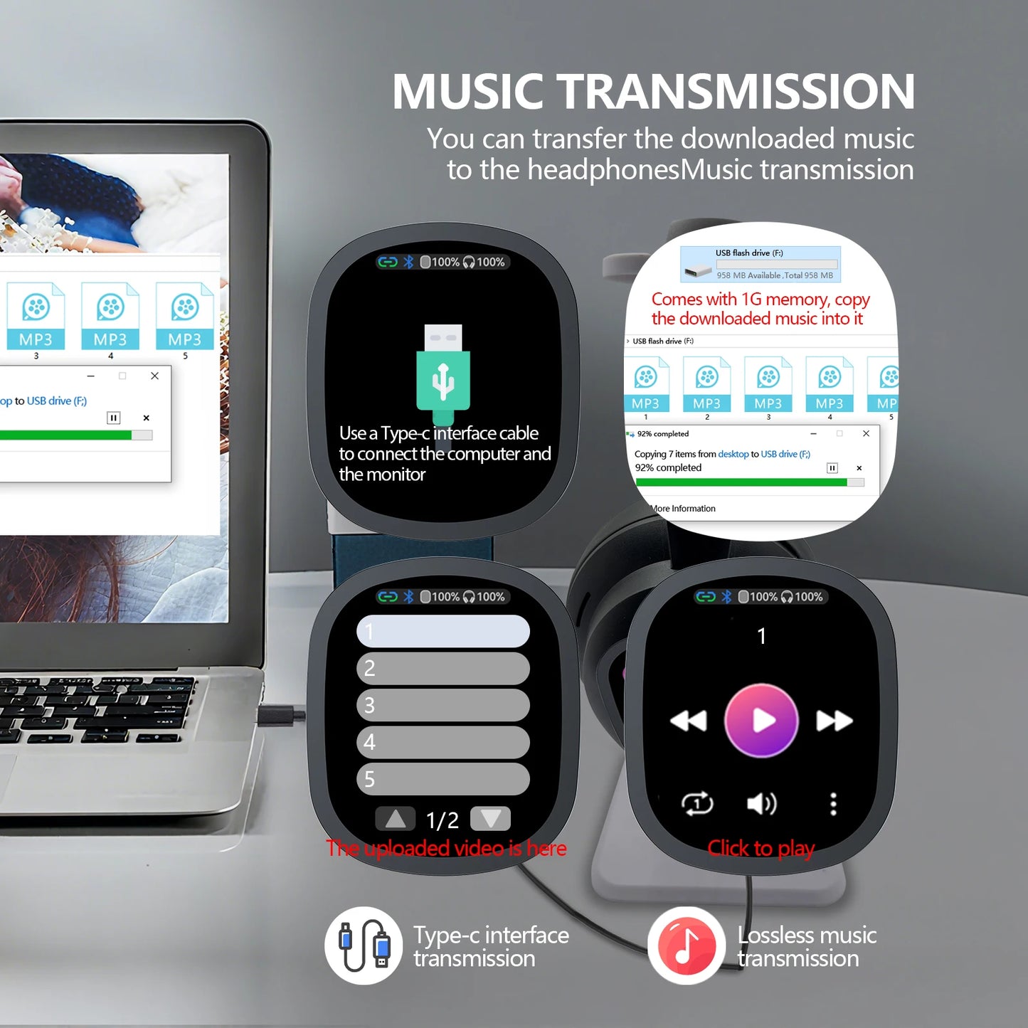 Siindoo Cuffia wireless con touch screen a colori staccabile JH-822Plus Assistente AI Funzione di traduzione chat intelligente BT5.4