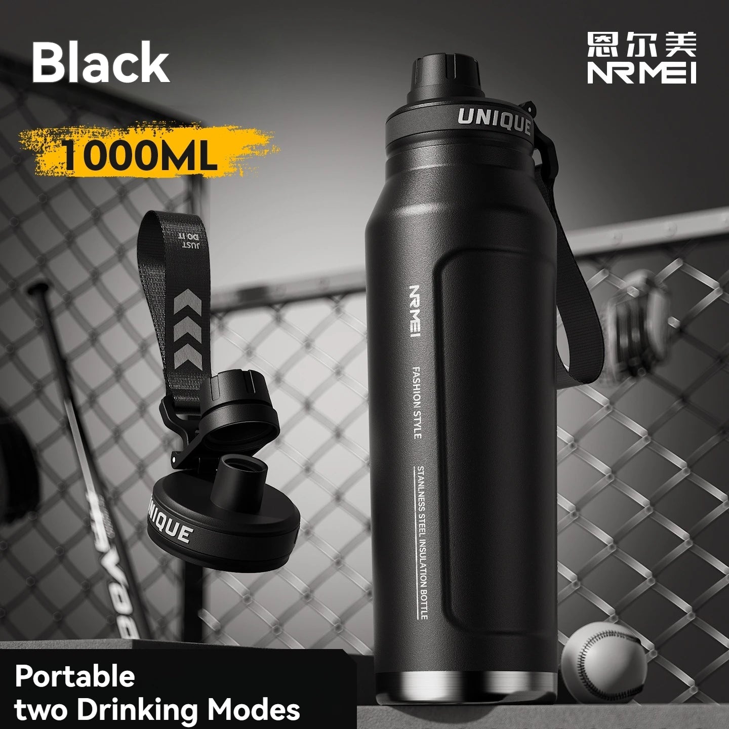 Bottiglia termica in acciaio inossidabile da 1 litro, bottiglia d'acqua, sport all'aria aperta, con manico, boccette a doppia parete sottovuoto