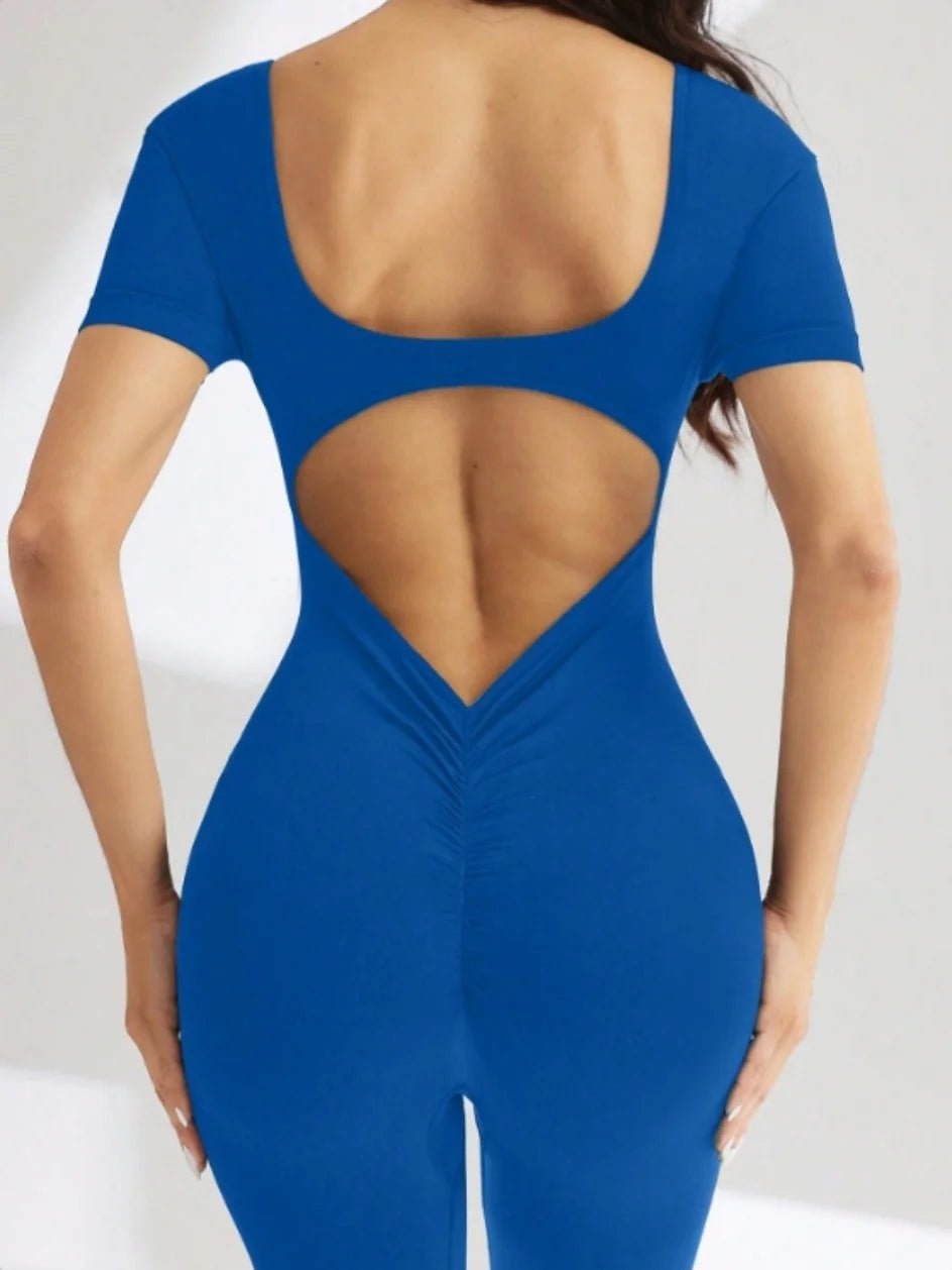 Body intero a maniche corte con scollo a U in spandex senza cuciture con sollevamento dei fianchi, abbigliamento da palestra, tuta fitness da donna