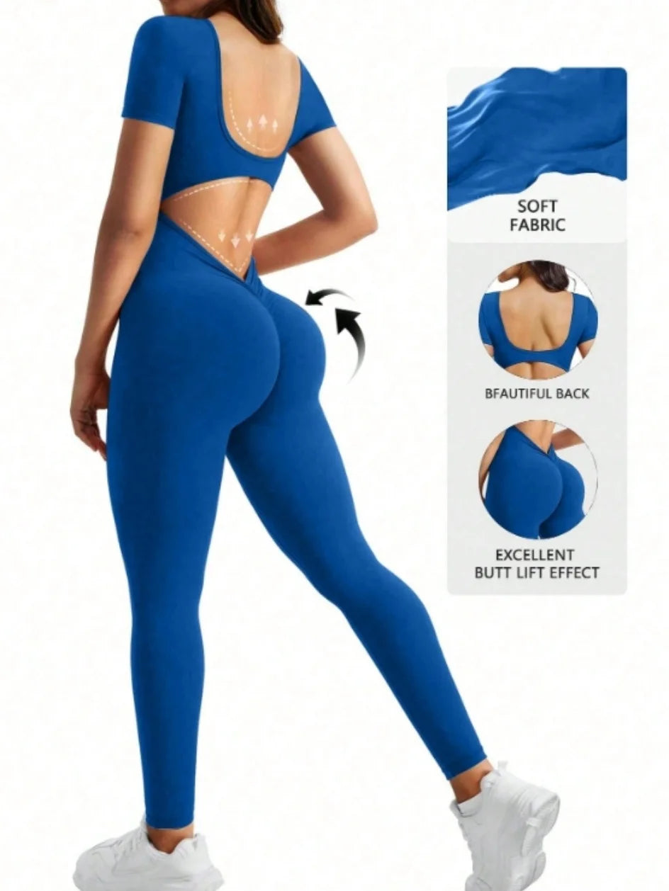 Body intero a maniche corte con scollo a U in spandex senza cuciture con sollevamento dei fianchi, abbigliamento da palestra, tuta fitness da donna