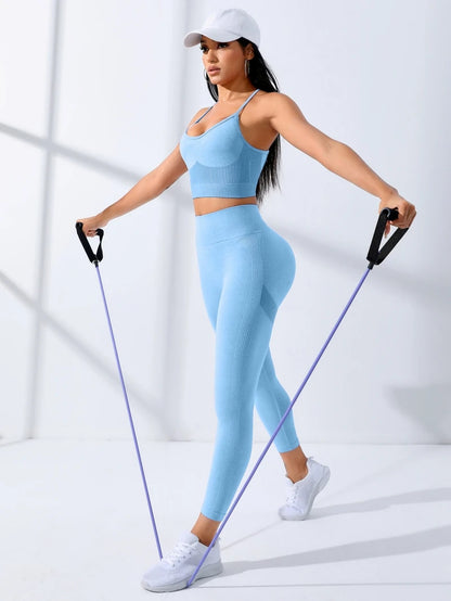 Set da Yoga per donna 2/pezzi completi da allenamento senza cuciture abbigliamento sportivo da Yoga Leggings da tuta e tracolla sottile reggiseno sportivo elasticizzato Fitn