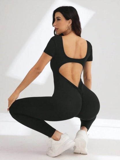 Body intero a maniche corte con scollo a U in spandex senza cuciture con sollevamento dei fianchi, abbigliamento da palestra, tuta fitness da donna