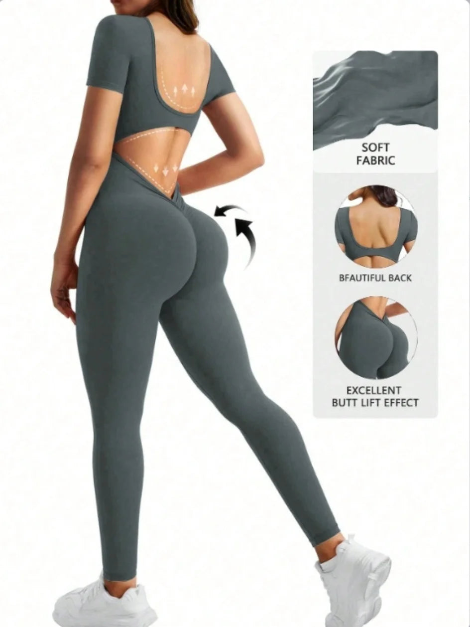 Body intero a maniche corte con scollo a U in spandex senza cuciture con sollevamento dei fianchi, abbigliamento da palestra, tuta fitness da donna