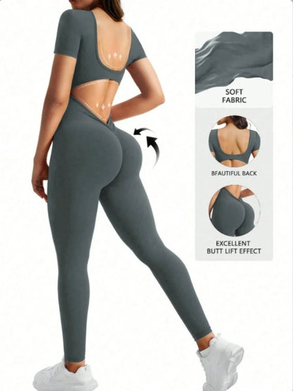 Body intero a maniche corte con scollo a U in spandex senza cuciture con sollevamento dei fianchi, abbigliamento da palestra, tuta fitness da donna