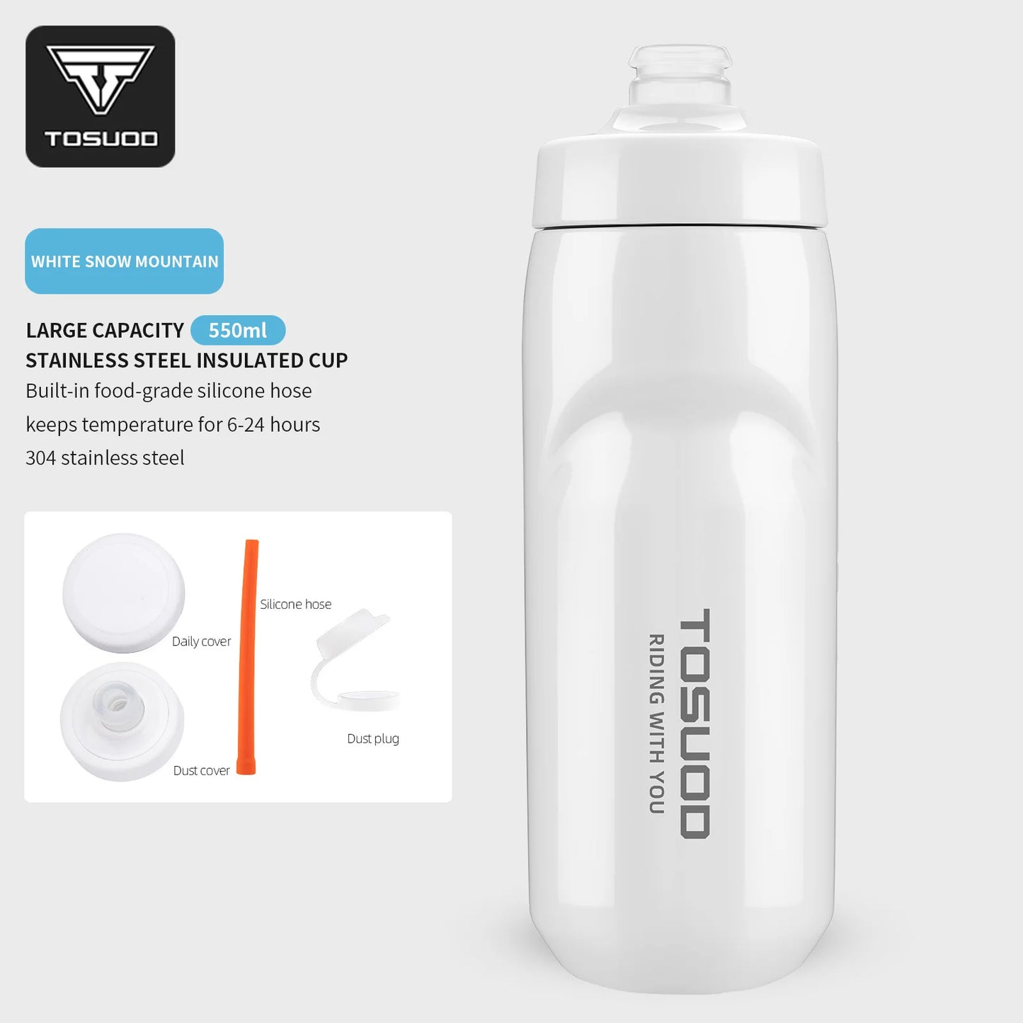 TOSUOD Tazza per acqua isolata in acciaio inox 550ML Bollitore per acqua per bicicletta in acciaio 304 Facile da trasportare Mantiene la bottiglia calda e fredda