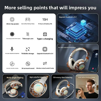 Esplosioni di celebrità online Cuffie alla moda Gioco Bluetooth Graffiti National Tide Cuffie Batteria a lunga durata Wireless. Cuffie