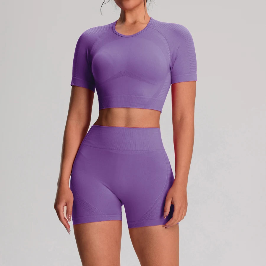 2 pz/set Yoga Sport T-shirt Pantaloncini Set Abbigliamento Sportivo Donna Palestra Senza Soluzione di Continuità Allenamento Maglia Pantaloncini Leggings Activewear Tuta da Donna