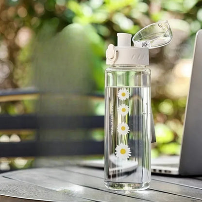 Bottiglia d'acqua in plastica con fiore margherita da 780 ml Bottiglia d'acqua trasparente sportiva Bottiglia per bere trasparente da viaggio per lezione portatile