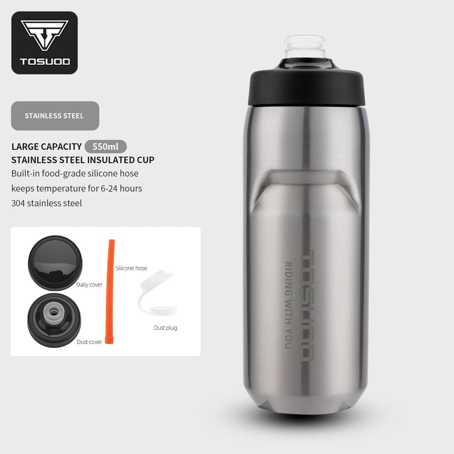 TOSUOD Tazza per acqua isolata in acciaio inox 550ML Bollitore per acqua per bicicletta in acciaio 304 Facile da trasportare Mantiene la bottiglia calda e fredda