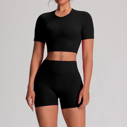 2 pz/set Yoga Sport T-shirt Pantaloncini Set Abbigliamento Sportivo Donna Palestra Senza Soluzione di Continuità Allenamento Maglia Pantaloncini Leggings Activewear Tuta da Donna