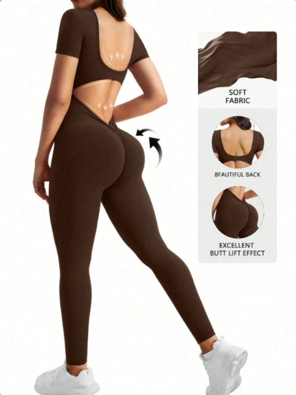 Body intero a maniche corte con scollo a U in spandex senza cuciture con sollevamento dei fianchi, abbigliamento da palestra, tuta fitness da donna