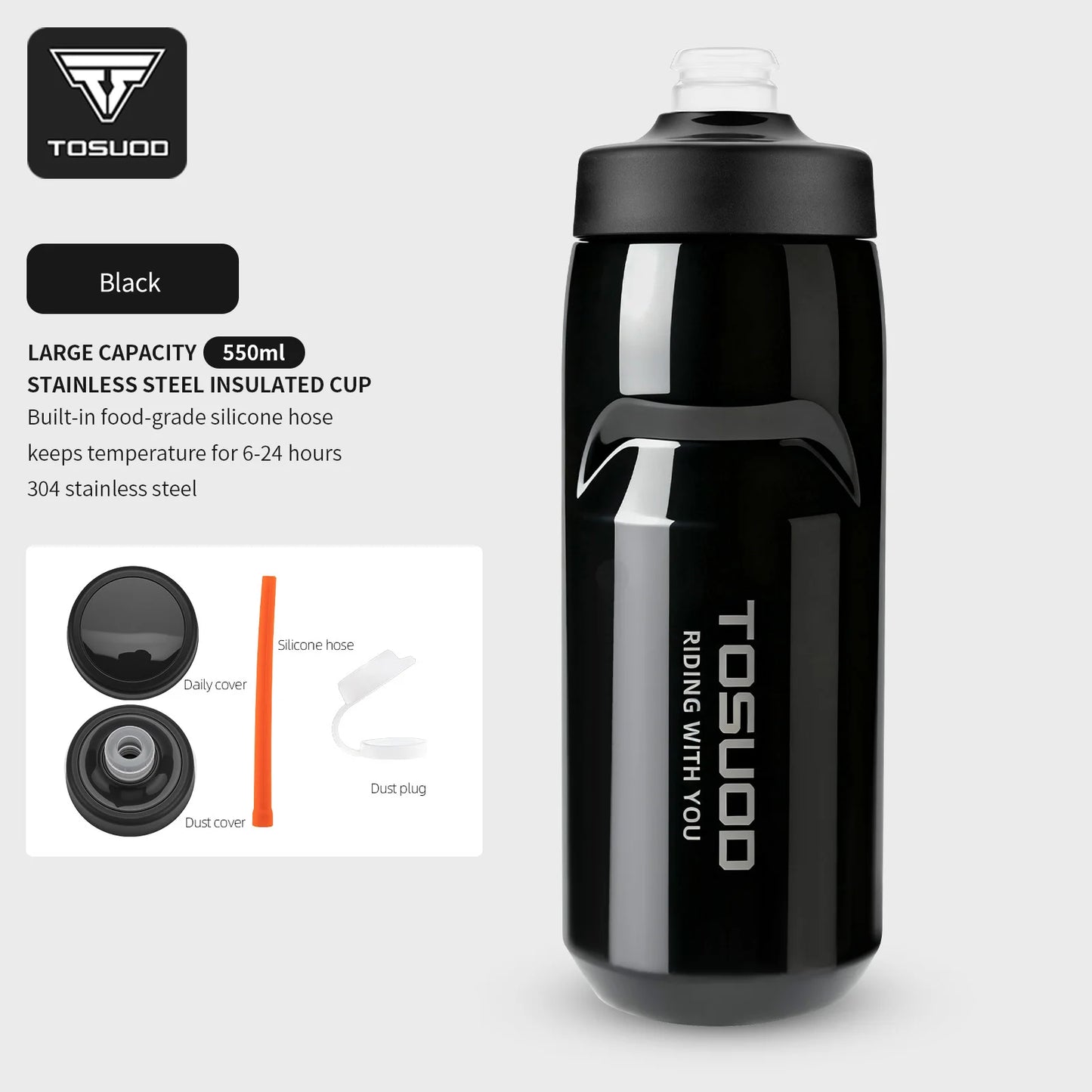 TOSUOD Tazza per acqua isolata in acciaio inox 550ML Bollitore per acqua per bicicletta in acciaio 304 Facile da trasportare Mantiene la bottiglia calda e fredda