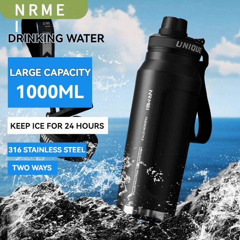 Bottiglia termica in acciaio inossidabile da 1 litro, bottiglia d'acqua, sport all'aria aperta, con manico, boccette a doppia parete sottovuoto