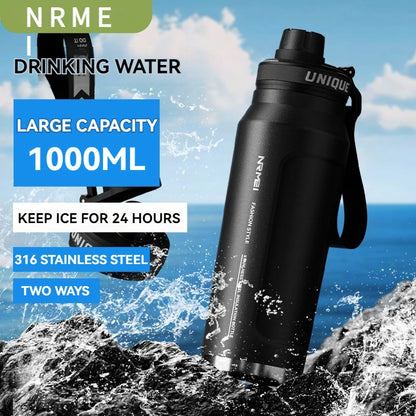 Bottiglia termica in acciaio inossidabile da 1 litro, bottiglia d'acqua, sport all'aria aperta, con manico, boccette a doppia parete sottovuoto