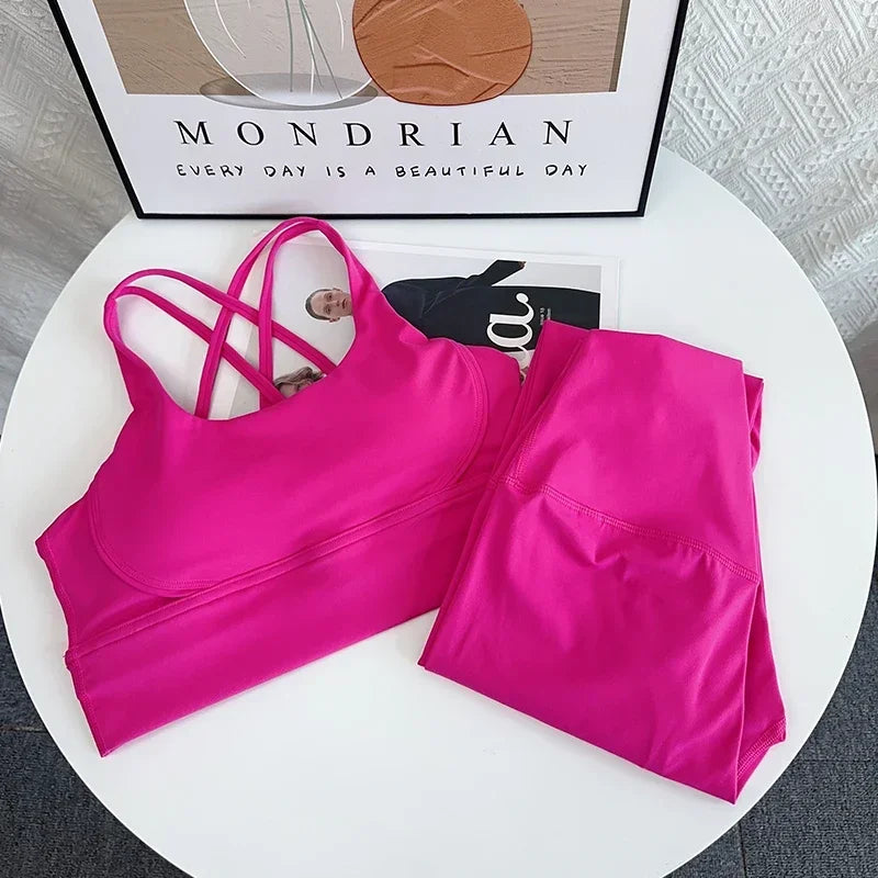 set da yoga a 2 pezzi Tuta da fitness traspirante Cross Back Yoga Top Pantaloni da yoga con culo pesca Pilates Tuta da fitness da corsa