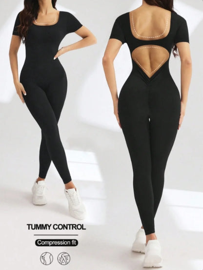 Body intero a maniche corte con scollo a U in spandex senza cuciture con sollevamento dei fianchi, abbigliamento da palestra, tuta fitness da donna