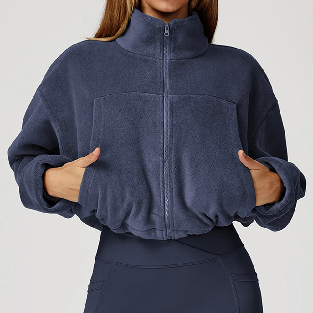 Giacca da yoga invernale da donna a maniche lunghe colletto rialzato giacca con coulisse in pile caldo antivento da corsa con giacca sportiva in pile