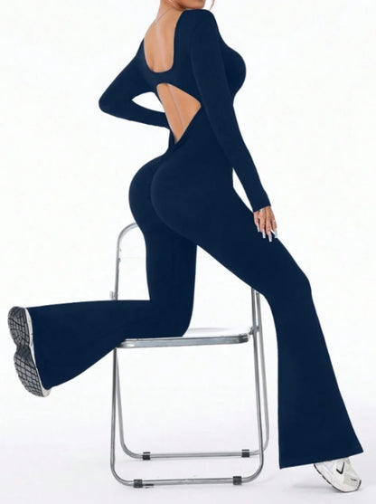 Tuta da allenamento a compressione a maniche lunghe in tinta unita di alta qualità, abbigliamento sportivo da donna, pantaloni con fondo a campana, set da yoga push up sexy