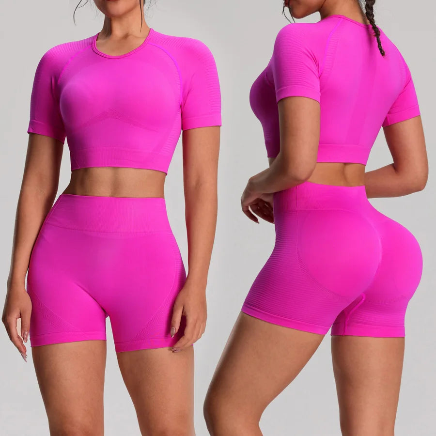 2 pz/set Yoga Sport T-shirt Pantaloncini Set Abbigliamento Sportivo Donna Palestra Senza Soluzione di Continuità Allenamento Maglia Pantaloncini Leggings Activewear Tuta da Donna