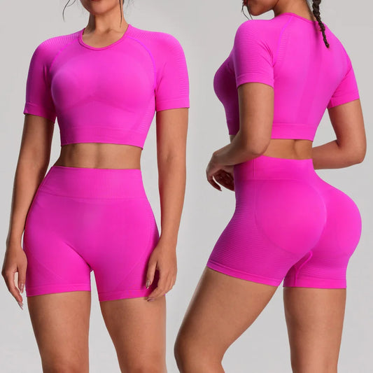 2 pz/set Yoga Sport T-shirt Pantaloncini Set Abbigliamento Sportivo Donna Palestra Senza Soluzione di Continuità Allenamento Maglia Pantaloncini Leggings Activewear Tuta da Donna