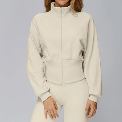 Felpa da yoga wintere da donna a maniche lunghe con colletto in piedi Felpa calda con anti-vento cernier Giacca sportiva da corsa all'aperto allentata