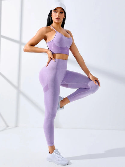 Set da Yoga per donna 2/pezzi completi da allenamento senza cuciture abbigliamento sportivo da Yoga Leggings da tuta e tracolla sottile reggiseno sportivo elasticizzato Fitn