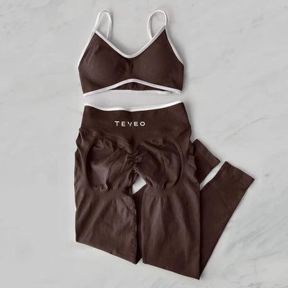 TEVEO 2 Pièces Ensemble De Sport Femme Leggings Vêtements D'Entraînement Ensemble De Soutien-gorge Sans Couture Scrunch Legging