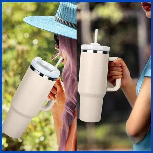 Tazza per auto in acciaio inossidabile da 40 once con manico Bicchiere da caffè con tazza di paglia Bicchiere a doppia parete termico ghiacciato per tazza da viaggio sottovuoto