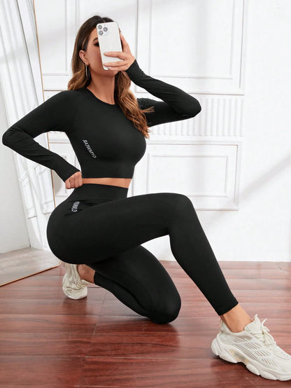 Set da allenamento senza cuciture per donna, leggings in 2 pezzi, maniche lunghe, top corto abbinato