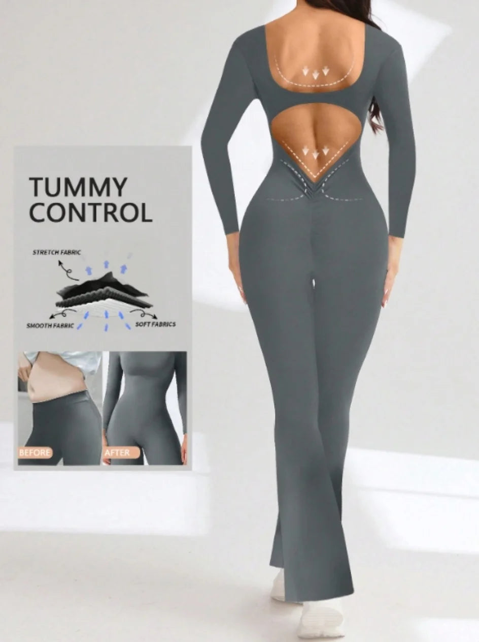 Tuta da allenamento a compressione a maniche lunghe in tinta unita di alta qualità, abbigliamento sportivo da donna, pantaloni con fondo a campana, set da yoga push up sexy