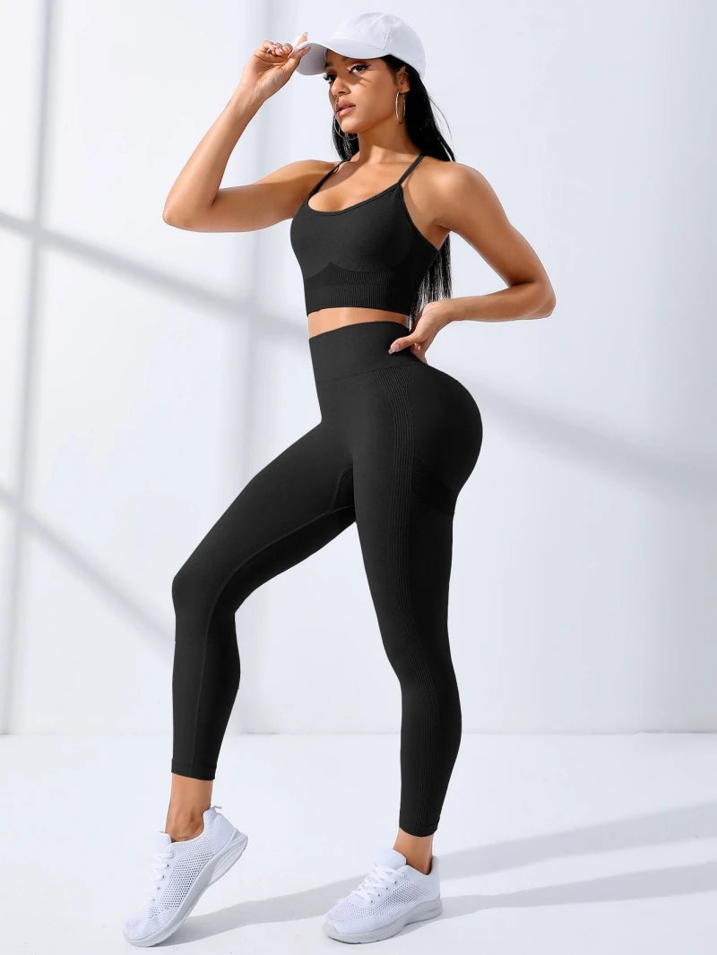 Set da Yoga per donna 2/pezzi completi da allenamento senza cuciture abbigliamento sportivo da Yoga Leggings da tuta e tracolla sottile reggiseno sportivo elasticizzato Fitn