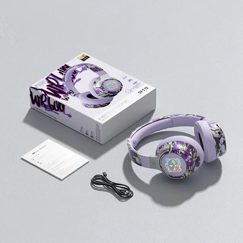 Esplosioni di celebrità online Cuffie alla moda Gioco Bluetooth Graffiti National Tide Cuffie Batteria a lunga durata Wireless. Cuffie