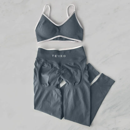 TEVEO 2 Pièces Ensemble De Sport Femme Leggings Vêtements D'Entraînement Ensemble De Soutien-gorge Sans Couture Scrunch Legging