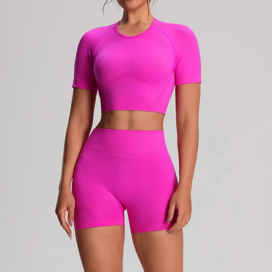 2 pz/set Yoga Sport T-shirt Pantaloncini Set Abbigliamento Sportivo Donna Palestra Senza Soluzione di Continuità Allenamento Maglia Pantaloncini Leggings Activewear Tuta da Donna