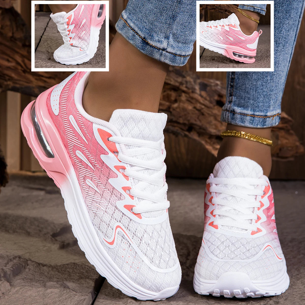 Sneaker Scarpe da passeggio da donna Moda da donna Cuscino d'aria Mesh Traspirante Scarpe sportive da tennis Suola con cuscino d'aria Parte superiore della scarpa sfumata