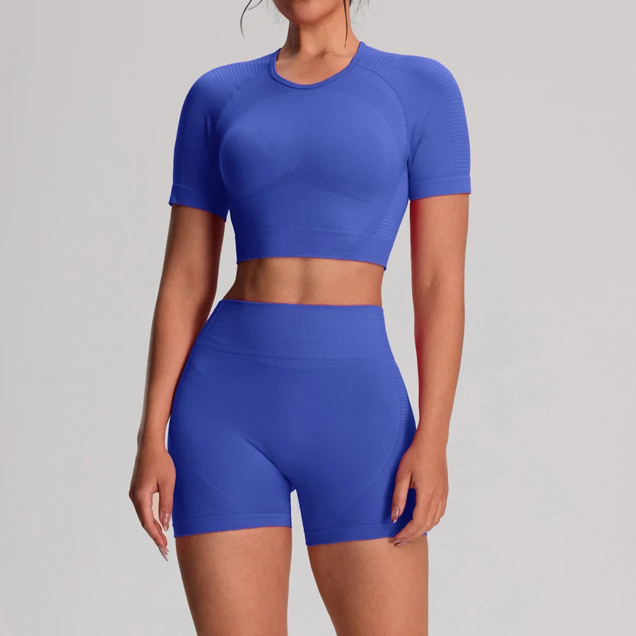 2 pz/set Yoga Sport T-shirt Pantaloncini Set Abbigliamento Sportivo Donna Palestra Senza Soluzione di Continuità Allenamento Maglia Pantaloncini Leggings Activewear Tuta da Donna