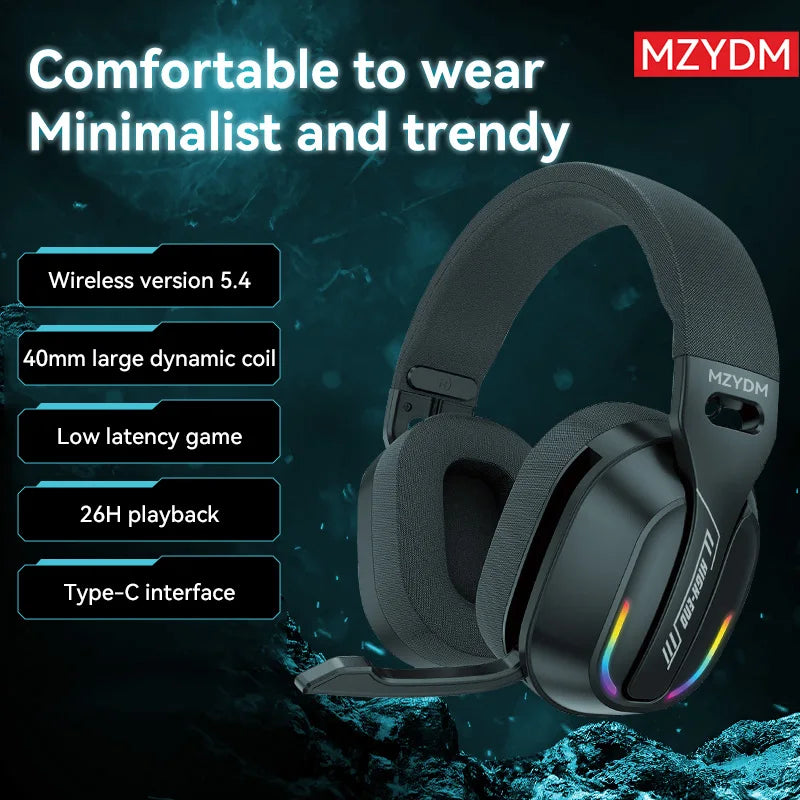 MZYDM Over Ear Cuffie Bluetooth5.4 Stereo Wireless Gaming B500 Auricolari Microfono incorporato Luce RGB Cuffie a bassa latenza per PC