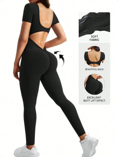 Body intero a maniche corte con scollo a U in spandex senza cuciture con sollevamento dei fianchi, abbigliamento da palestra, tuta fitness da donna