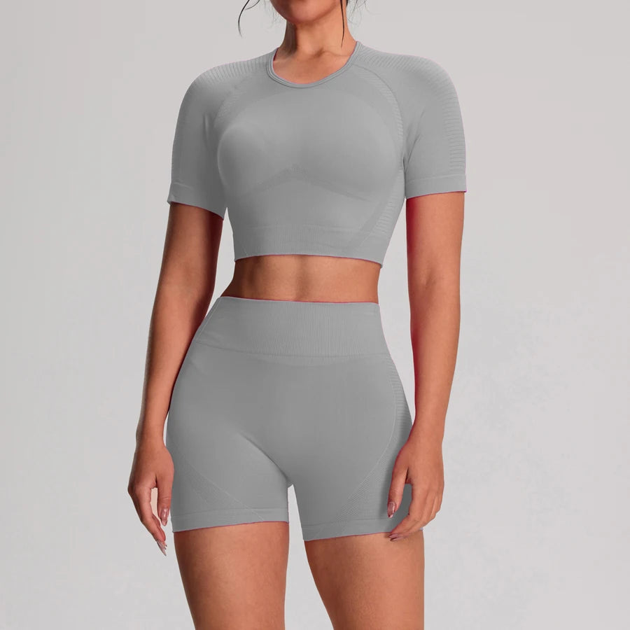 2 pz/set Yoga Sport T-shirt Pantaloncini Set Abbigliamento Sportivo Donna Palestra Senza Soluzione di Continuità Allenamento Maglia Pantaloncini Leggings Activewear Tuta da Donna