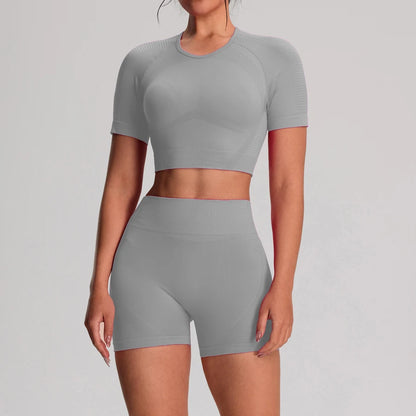 2 pz/set Yoga Sport T-shirt Pantaloncini Set Abbigliamento Sportivo Donna Palestra Senza Soluzione di Continuità Allenamento Maglia Pantaloncini Leggings Activewear Tuta da Donna