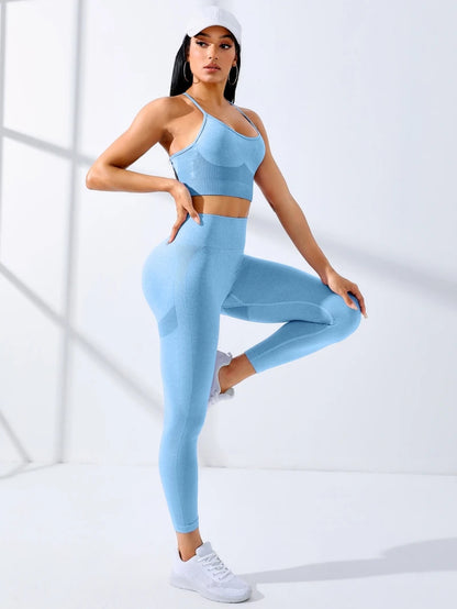 Set da Yoga per donna 2/pezzi completi da allenamento senza cuciture abbigliamento sportivo da Yoga Leggings da tuta e tracolla sottile reggiseno sportivo elasticizzato Fitn