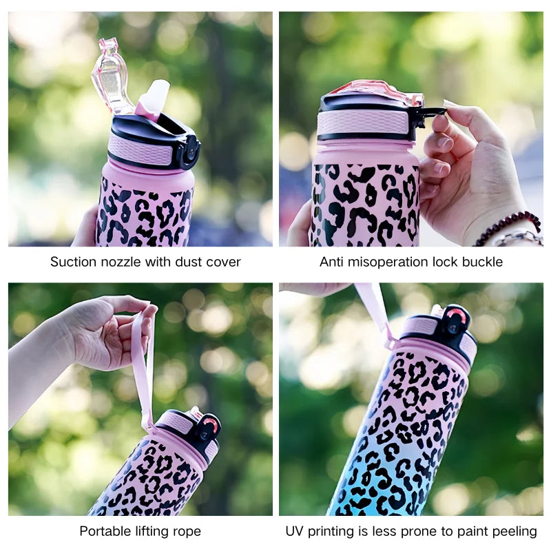 Bottiglia d'acqua sportiva the proof of loss con bicchiere di plastica con timbro leopardato da 1 litro e grande capacità Articoli per bevande Bottiglia da lecture portatile da viaggio all'aperto